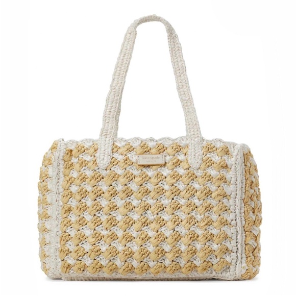 ♠️kate spade High Tide Striped Crochet Raffia Medium Beach Tote Bag White Multi